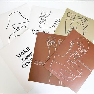 Modern Abstract Line Drawing Art Print Woman's Face Portrait With Flowers Wall P